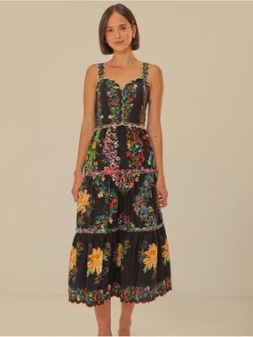 NWT Farm Rio Black Delicate Forest Scarves Organic Cotton Maxi Dress Size XS